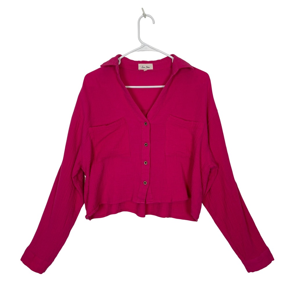 Love Notes Gauze Button Down Cropped Blouse Top Women L Pink Roll Tab Shirt